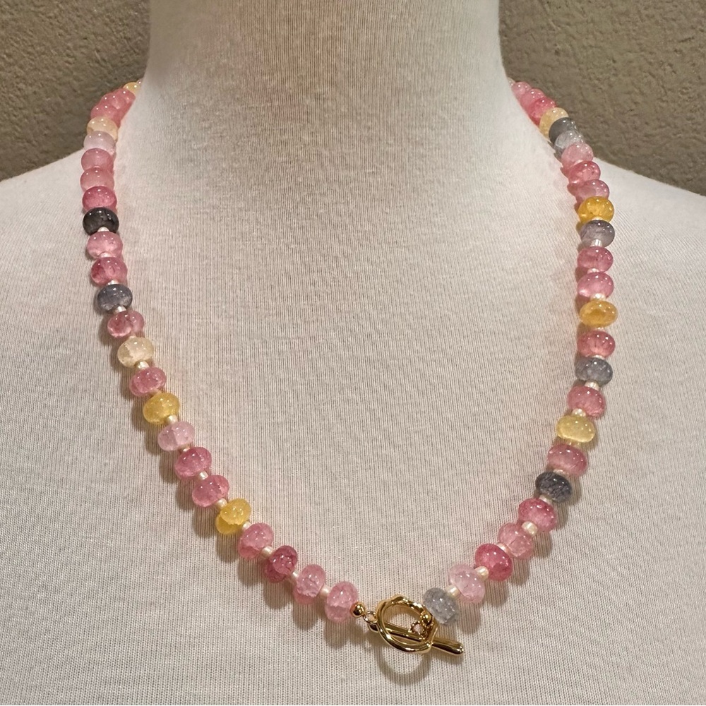 Necklace Handmade Pink Glass Gold Plated Toggle Closure Multicolor Beaded